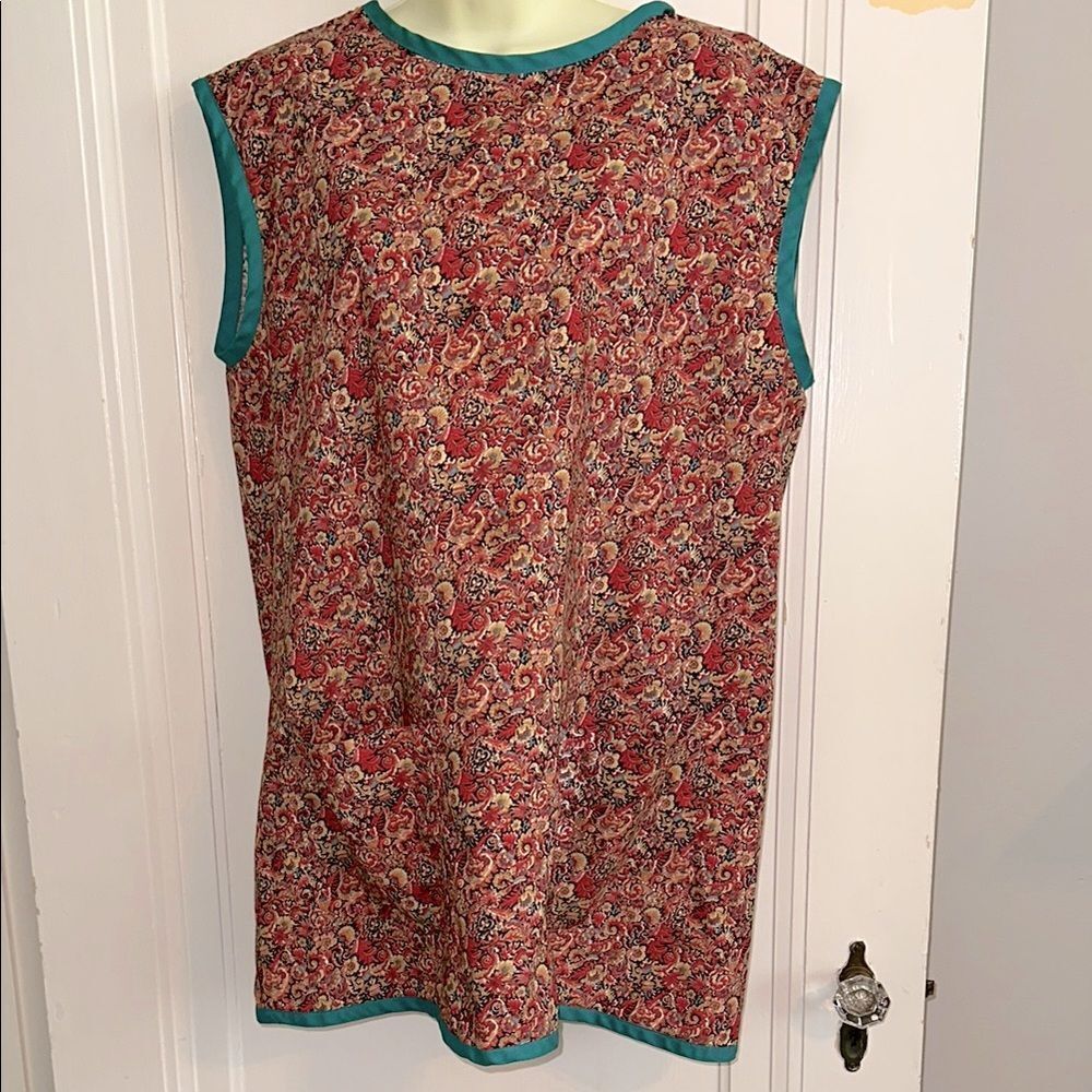 Handmade/Homemade red & tan paisley print smock apron with green trim